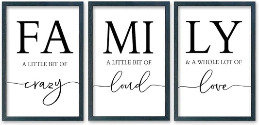 SRSZHIYUE Family Wall Art A Little Bit Of Crazy Loud Sign Wall Decor Art Set of 3 16"×11" Prints Wood Framed for Large Rustic Farmhouse Minimalist Living Room Entryway Wall Hanging (Black)