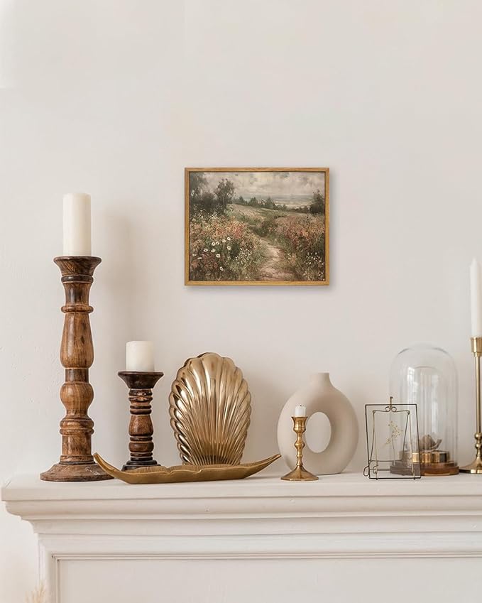 KBKBART Framed Canvas Wall Art - Vintage Countryside Wildflower Field Painting - Retro Nature Wilderness Canvas Art Prints - Rustic Landscape Wall Decor for Living Room, Bedroom & Bathroom (8"x10")