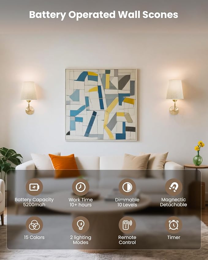 KINDEEP Wall Sconce Set of 2 Battery Operated, Rechargeable Wireless Dimmable Wall Light with RGB, Flash Mode, Remote Timer