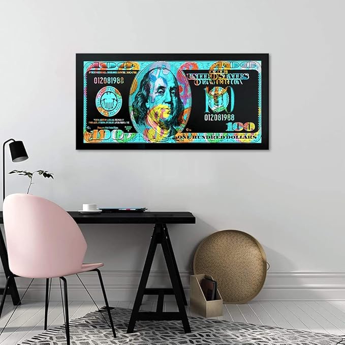 Modern Home Decor Large Graffiti Wall Art for Wall Canvas Office Home Decor 100 Dollar Poster and Prints Wall Art HD Print for Living Room Bedroom Bathroom Wall Hang Up Framed Easy to Hang-40 Wx20 H