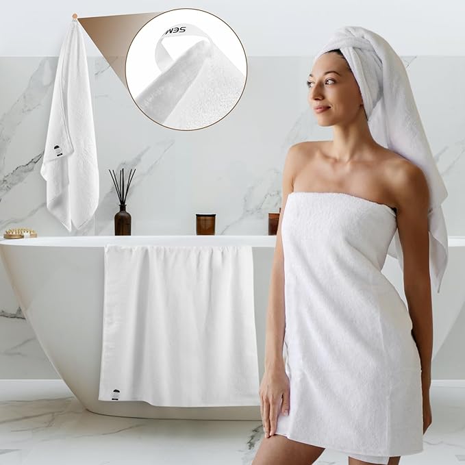 SEMAXE 4-Pack Luxury Bath Towels for Bathroom, 100% Cotton, Soft, Absorbent, and Quick-Drying, 55"x27", White, Perfect for Hotels, Gyms, and Spas