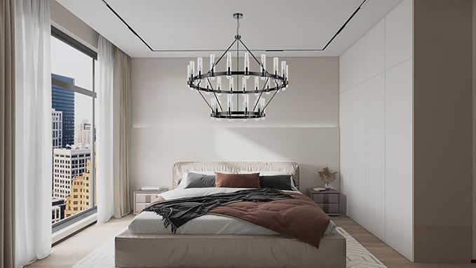 60 Inch Black Wagon Wheel Chandelier 2 Tier with Glass Shade, 30 Lights, Modern Farmhouse Style, Ideal for Dining Room, Kitchen, Entryways