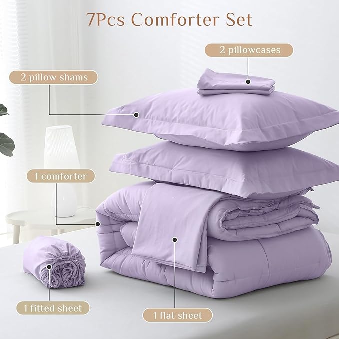 JOLLYVOGUE Queen Comforter Set, Ultra-Soft Bed in a Bag Queen Size 7 Pieces, Oeko-TEX Certified Bedding Set with Down Alternative Comforter, Sheets, Pillowcases & Shams, Lavender