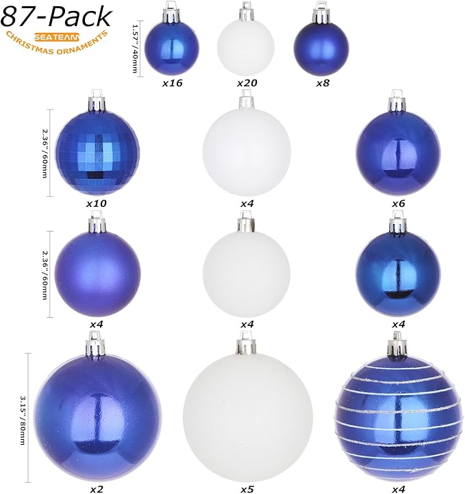 Sea Team 87-Pack Shatterproof Blue Christmas Ball Ornaments Set, Assorted Multi-Sized Hanging Baubles, Xmas Tree Decorations, Seasonal Décor for Holiday Wreath Garland, Hooks Included