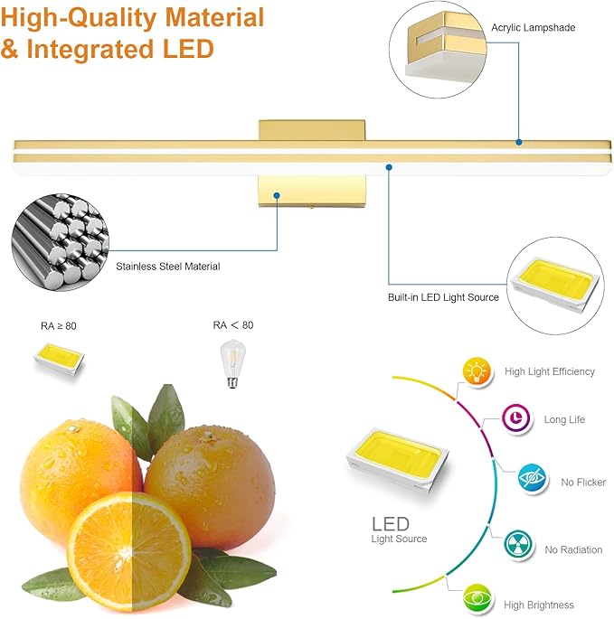 SineRise 32-Inch LED Modern Bathroom Vanity Light Bar, Gold Modern Acrylic Bathroom Wall Lighting Fixtures Over Mirror (Cool White 6000K)