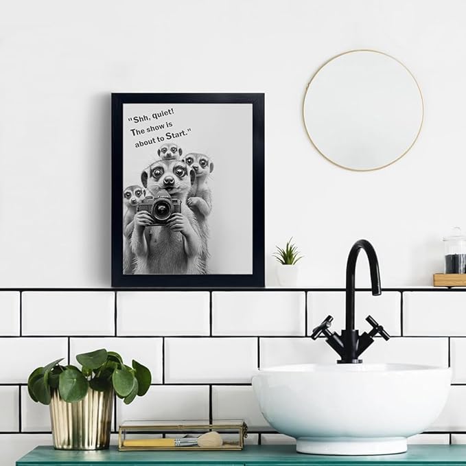 Frame Bathroom Wall Art, Black and White Meerkat Canvas Wall Art - Meerkat Painting with Camera - for Toilet Bathroom Animal Art- 8 "x 10"