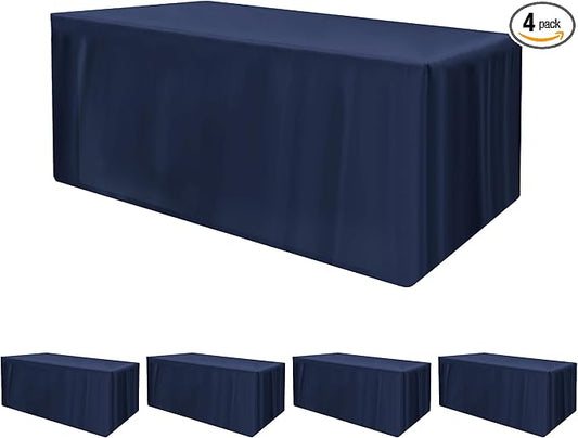 HolidayIdeas Fitted Tablecloths for 8 Foot Rectangle Table, Full Coverage Table Cover 30x96 Inch for Vendor Booth Display, Banquet, Trade Show, Navy Blue, 4 Pcs