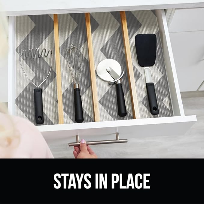 GORILLA GRIP powerGRIP Drawer Shelf and Cabinet Liner, Thick Strong Hold, Non-Adhesive Liners Protect Kitchen Cabinets and Cupboard, Bathroom Drawers, Easy Install, Breathable Mat, 12" x30', Chevron