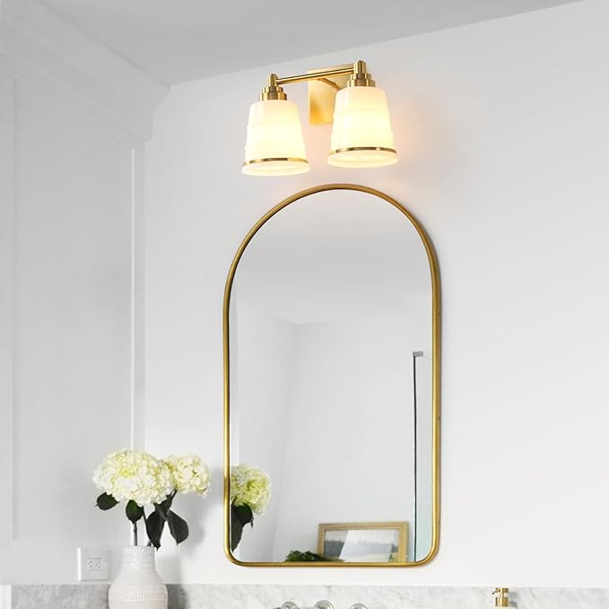 Gold Bathroom Vanity Light Fixture, 2 Light Bathroom Light Fixtures Over Mirror with Milky White Glass and Metal Base Wall Sconce,13.4 inch Modern Vanity Light for Bathroom (Exclude E26 Bulb)