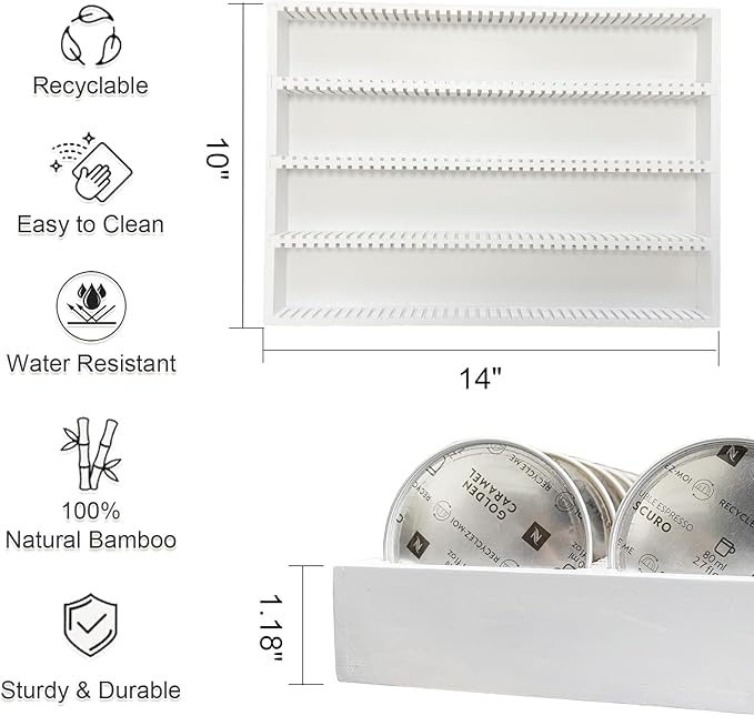 Bamboo Coffee Pod Storage Holder for Drawer Coffee Pods Organizer for Counter, Compatible with Capsules for Kitchen Coffee Station (White)