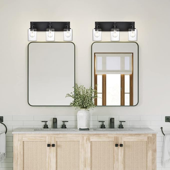 Industrial Wall Sconce Lighting in Matte Black Finish, 3-Light Bathroom Vanity Light Fixtures with Clear Glass Shades (E26 Bulb Base)