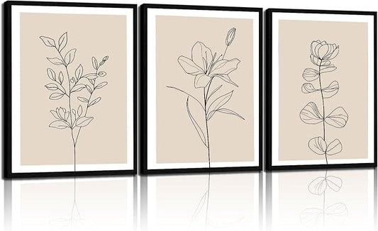 3Pcs Framed Canvas Wall Art Set Simple Botanical Line Art Print Modern Floral Poster Artwork Canvas Wrap Gallery Picture for Living Room Bedroom Bathroom Office Home Decor 12x16 Inch