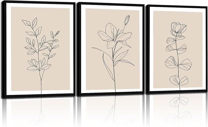3Pcs Framed Canvas Wall Art Set Simple Botanical Line Art Print Modern Floral Poster Artwork Canvas Wrap Gallery Picture for Living Room Bedroom Bathroom Office Home Decor 16x24 Inch