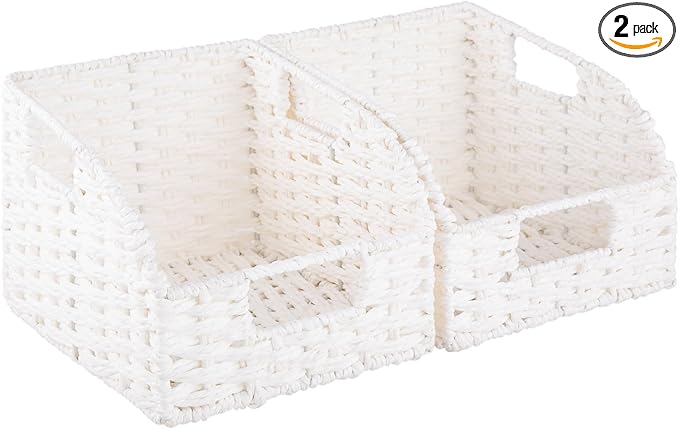OIAHOMY Pantry Baskets for Organizing, Paper Rope Baskets with Built-in Handles, Wicker Storage Bints for Shelves, 2 Pack-White