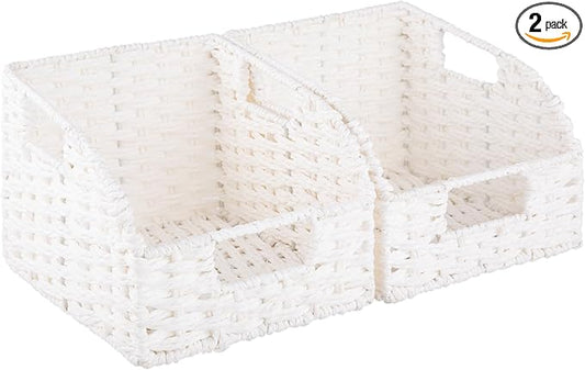 OIAHOMY Pantry Baskets for Organizing, Paper Rope Baskets with Built-in Handles, Wicker Storage Bints for Shelves, 2 Pack-White