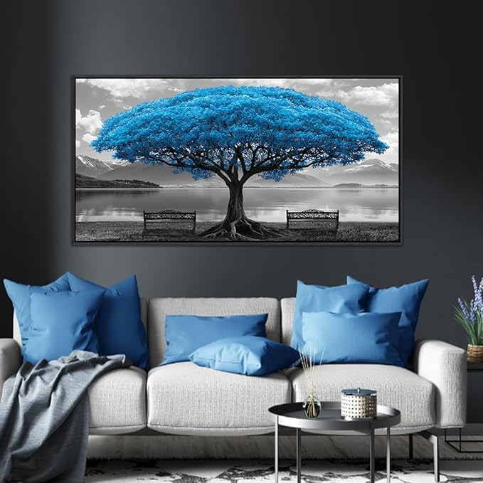 YDYSUNE Blue Tree Framed Canvas Wall Art for Living Room Large Size Wall Decor For Bedroom Black And White Pictures Lake Scenery Painting Office Decor Room Home Decoration Artwork Black Framed 29X58IN