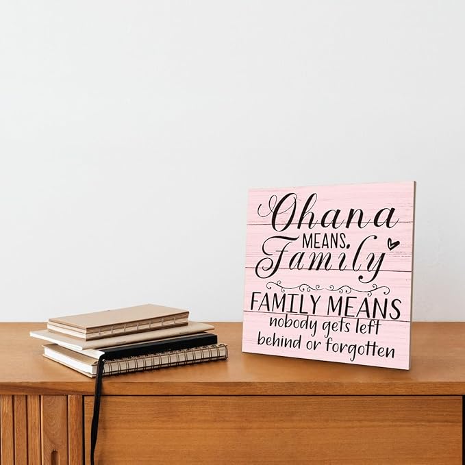 Family Wooden Plaque, “Family Means Nobody Gets Left Behind or Forgotten”, 6.2x6.2 Inch Table Art Sign, Farmhouse Quote Decor for Living Room or Home Tabletop G