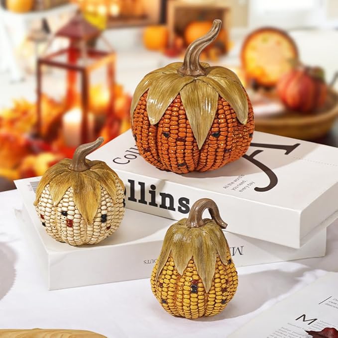 Briful Fall Corn Pumpkin Set 3PCS Resin Pumpkins Harvest Decorative Faux Corn Pumpkins for Home Thanksgiving Table Centerpiece Tray Display Indoor & Outdoor Autumn Decor