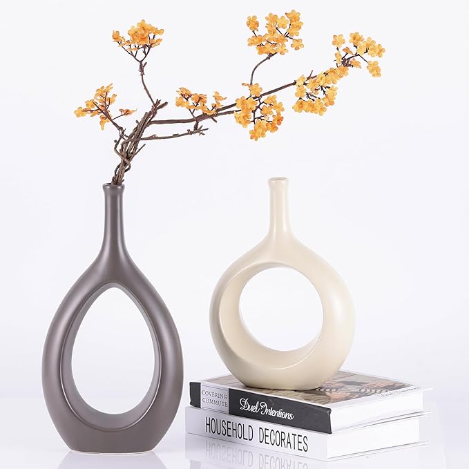 Brown White Vase Ceramic Off White Vases Home Decor,Modern Minimalist Circle with Hole Decorative Vase, Hollow Ellipse Flower vases for Bookshelf, Fireplace Mantle, Centerpieces,Farmhouse,Rustic Décor
