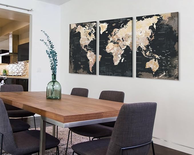 Elixart Wall Decor Living Room Canvas Wall Art Framed Black Kitchen Pictures Office Decorations For Work Vintage Home Decor Map Artwork Painting Oversize Large