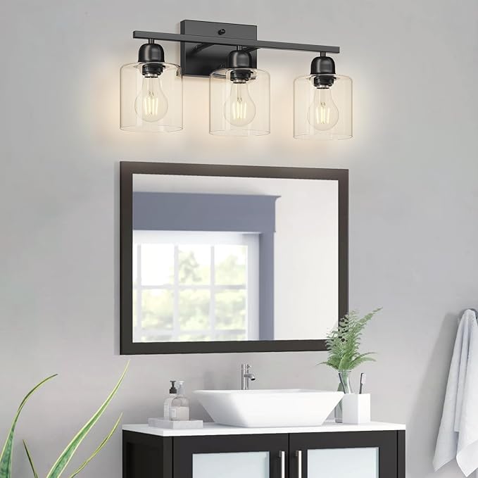 3 Light Bathroom Vanity Light, Matte Black Vanity Lights with Clear Glass for Bathroom Mirror Living Room Bedroom Hallway E26 Base
