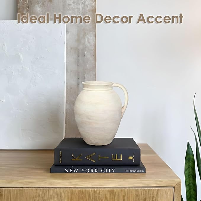 Ceramic Rustic Farmhouse Vase, 7.1" Pottery Beige Pitcher Vase for Flowers Pampas Grass Centerpieces Boho Modern Rustic Farmhouse Decor for Living Room Kitchen Countertop Entryway Dinner Table Shelf