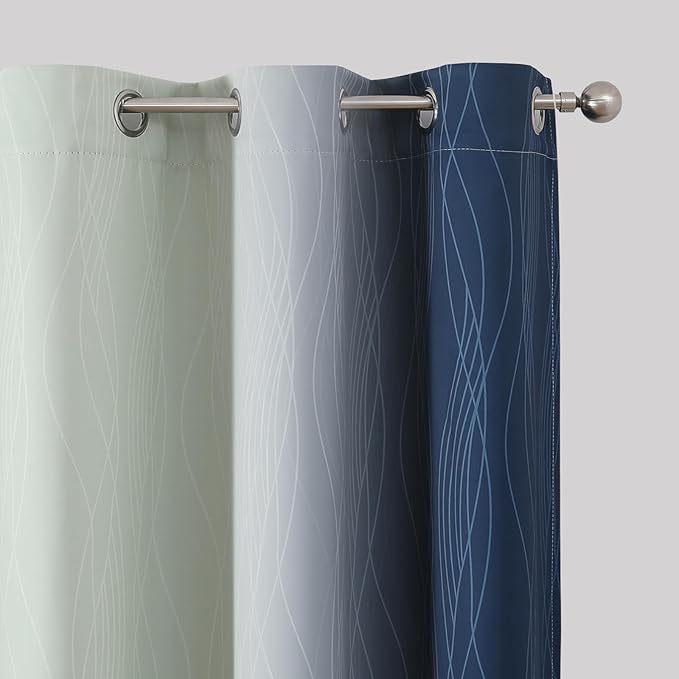 Estelar Textiler Navy Blue and Sage Green Ombre Blackout Curtains 63 Inches Long 2 Panels, Full Room Darkening Grommet Curtains for Bedroom, Thermal Insulated Light Blocking Gradient Drapes, 42Wx63L