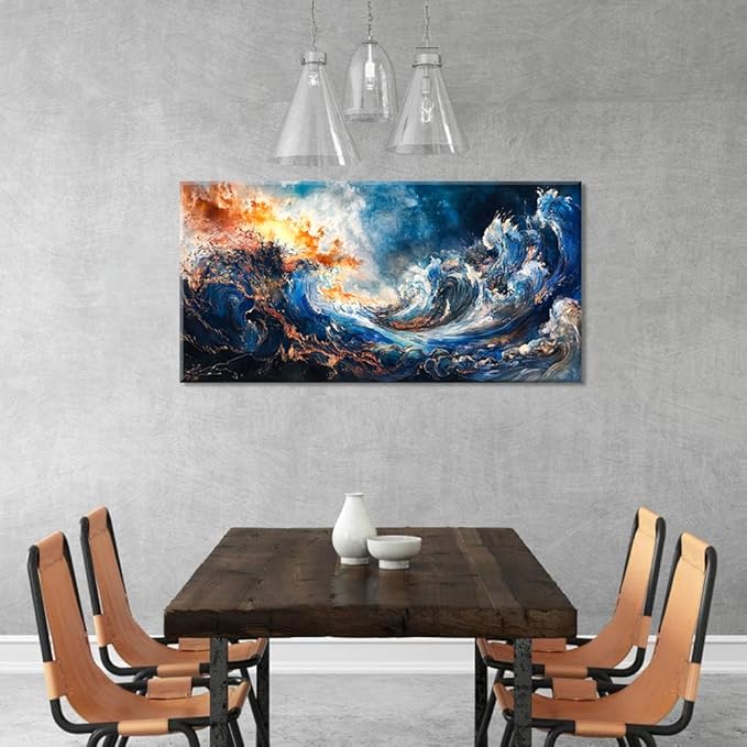 ZESTFLICKR Wall Art of Ocean Wave Abstract Canvas Blue Print Modern Artwork Pictures Magnificent for Living Room Bedroom Home Office Kitchen Decor (20x40 inches)