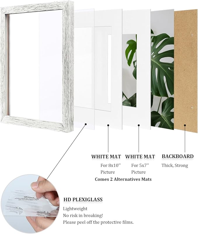 Egofine 11x14 Picture Frames Set of 4, Made of Solid Wood Covered by Plexiglass 5x7 and 8x10 with Mat or 11x14 without Mat, for Table Top Display and Wall Mounting Photo Frame Driftwood White