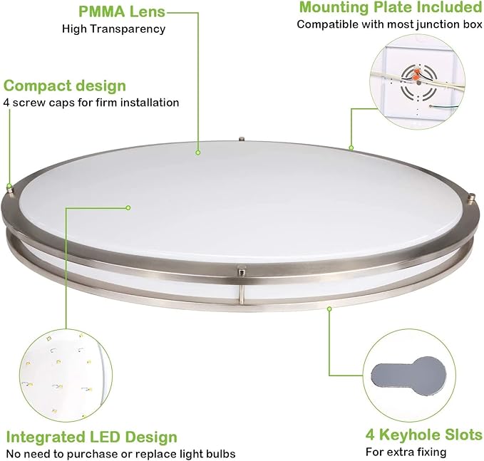 hykolity 32 Inch Oval LED Ceiling Light, 60W, 4000LM, 2700K/3000K/3500K/4000K/5000K Adjustable, Brush Nickel Finish Dimmable Flushmount Ceiling Light for Bedroom, Living Room
