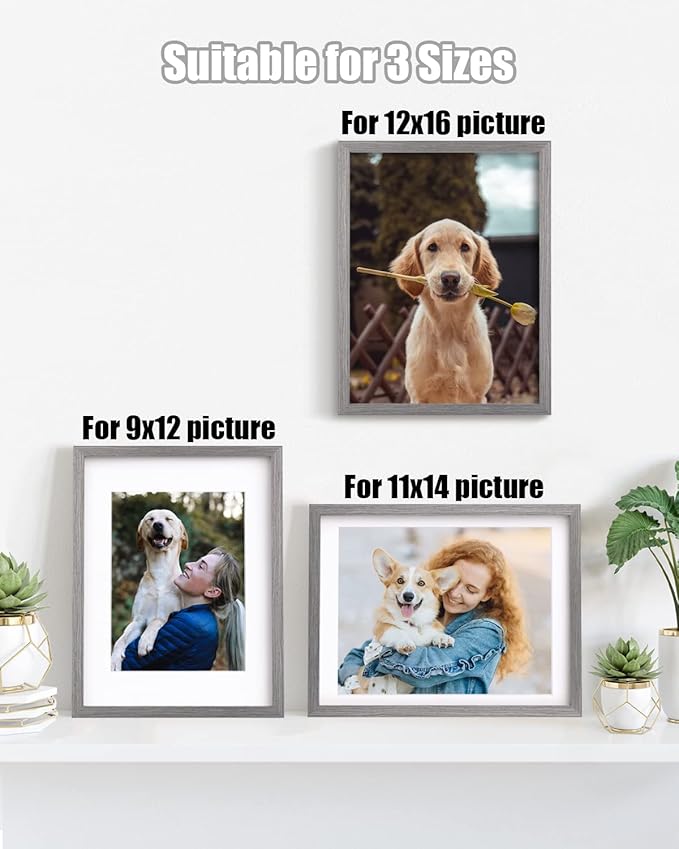 Egofine 12x16 Picture Frames Set of 4, Made of Solid Wood Covered by Plexiglass 9x12 and 11x14 with Mat or 12x16 without Mat, for Wall Mounting Photo Frame Light Grey