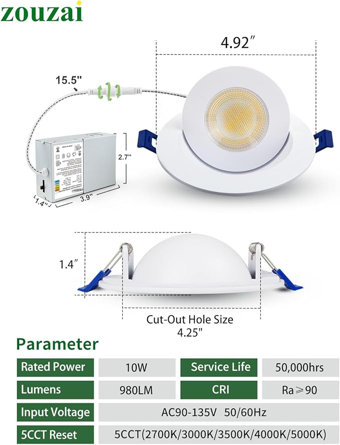 zouzai Second Generation 5CCT LED Gimbal Led Recessed Light with Junction Box, 360°+90° Adjustable Directional Eyeball Lighting, Dimmable, 2700K-5000K,ETL&Energy Star (White 1 Pack, 4 inch)