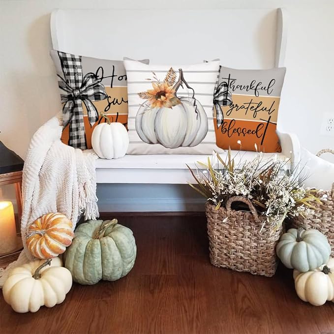 AACORS Fall Pillow Covers 16 x 16 Inch Set of 4, Pumpkin Home Sweet Home Thankful Grateful Blessed Harvest Floral Decorations Autumn Seasonal Pillow Case Decor for Sofa Couch AA557-16