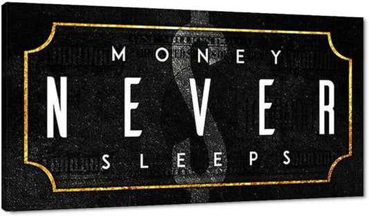 Large Size 1 Big Pieces Money Never Sleeps Canvas Paintings Posters and Prints Motivational Office Home Wall Decoration Pictures HD Print for School Coffee Shop Wall Hangings Wooden Framed-48"Wx24"H