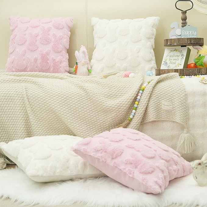 GEEORY Easter Bunny Soft Plush Pillow Covers, 16 x 16 Inch Set of 2, Fluffy Faux Fur Wool Decorative Farmhouse Cushion Case for Sofa Home Decoration Pink GC015-16