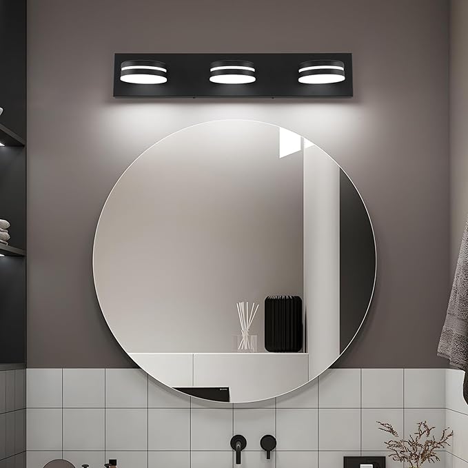 3-Light Bathroom Vanity Light Over Mirror, (24inch Dimmable) Matte Black LED Vanity Lighting Fixtures, Modern Bathroom Wall Light Fixtures with 360°Rotating Lamp Head (Cool White 5500K)