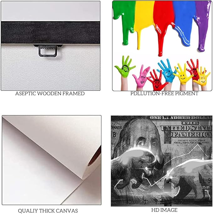 Wall Street Charging Bull Bear Canvas Paintings 100 Dollar Bill Money Poster Wall Art Picture Office Wooden Framed Easy and Ready to Hang-32 inch x 16 inch