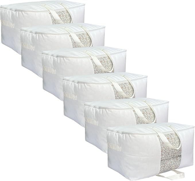 Soft Canvas Clothes Storage Bags with Four Carrying Handles and Clear Window, Closet Organizer for Clothing, Blankets Sheets Pillows and Bedding, 55L, 6 Pack, White