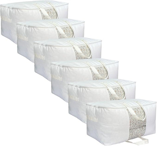 Soft Canvas Clothes Storage Bags with Four Carrying Handles and Clear Window, Closet Organizer for Clothing, Blankets Sheets Pillows and Bedding, 55L, 6 Pack, White