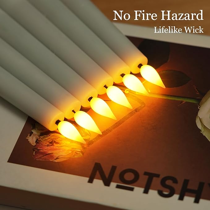 Homemory Flameless Taper Candle Set, 6 Pcs Waxy Led Candlesticks, Flickering Battery Operated, White, 9.6 inches