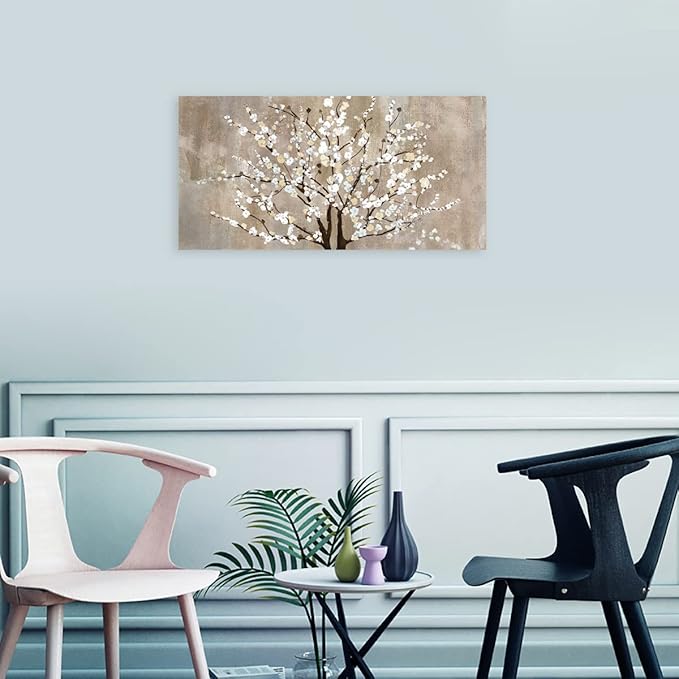 Flower Canvas Wall Art for Living Room Plum Blossom Canvas Wall Pictures for Bedroom Wall Decor Brown Pink White Elegant Floral Canvas Prints Artwork Home Decorations Framed Ready to Hang 29" x 58"