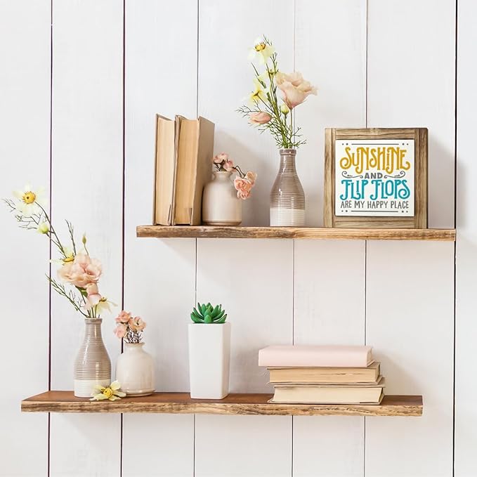 Summer Wood Signs, Farmhouse Wooden Box Desk Sign Decor, Summer Vacation Decors, Beach Decorations for Home, Beach House Decor, Sunshine and Flip Flops are My Happy Place Sign 5.9×5.9inches