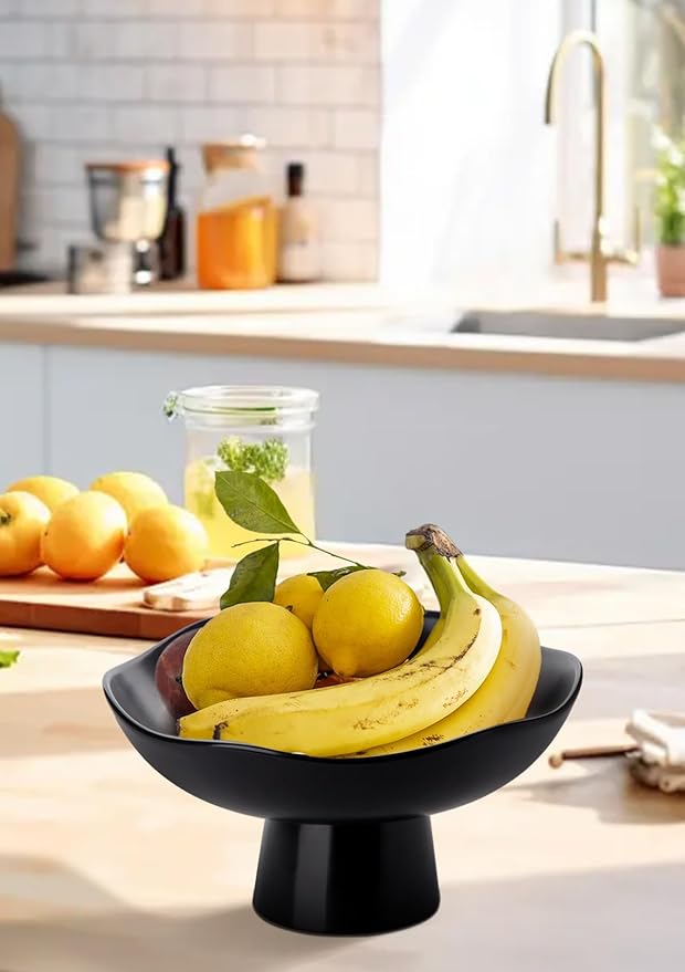 Nucookery Ceramic Fruit Bowl for Kitchen Counter, Modern Fruit and Bread Basket Stand, 10 inch Large Decorative Bowl for Home Kitchen Decor, Fruit & Vegetables Holder Storage, Matte Black