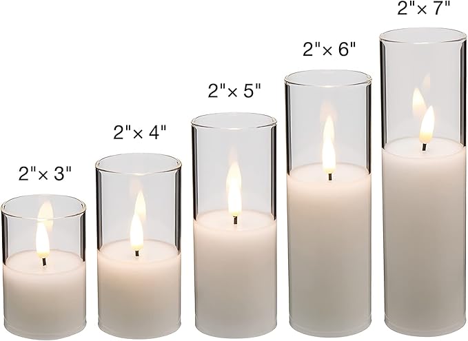 Eywamage Clear Glass Flameless Candles with Remote Batteries, Slim Tall LED Pillar Votive Candles Battery Powered, Set of 5