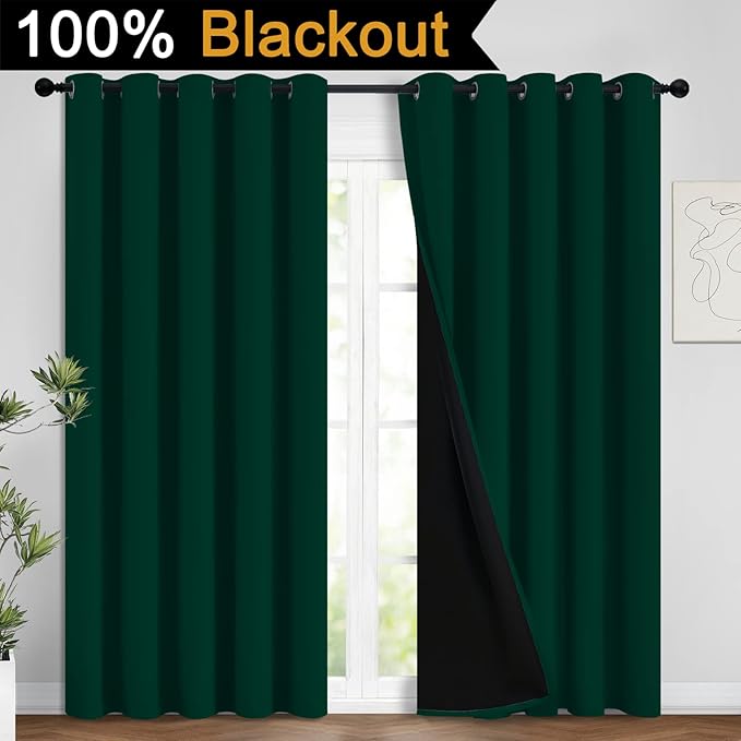 Yakamok 100% Blackout Lined Panels, Room Darkening Thermal Insulated Blackout Curtains for Bedroom, Heat Blocking Drapes for Living Room(62Wx84L, Green, 2 Panels)
