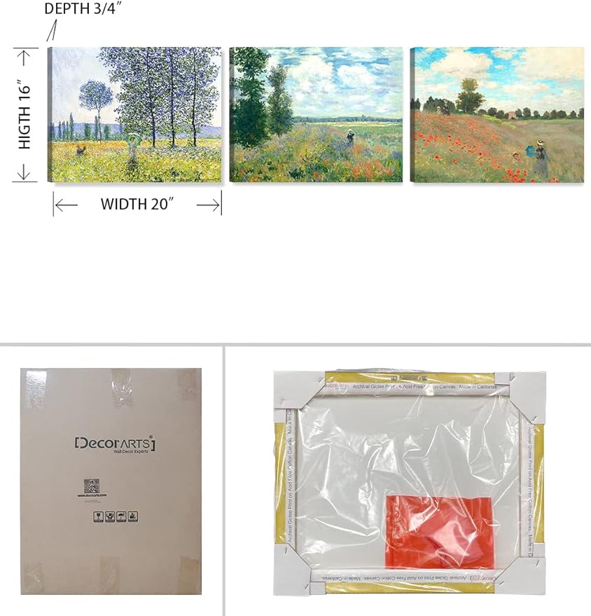 DECORARTS - The Mountain View Series(Triptych), Claude Monet Art Reproduction. Giclee Canvas Prints Wall Art for Home Decor 20x16, 3pcs/set
