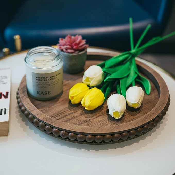 12in Round Wood Beaded Tray - Brown, Distressed Finish - Farmhouse Boho Style - Decorative Tray for Living Room, Coffee Table, Kitchen Table or Serving Tray