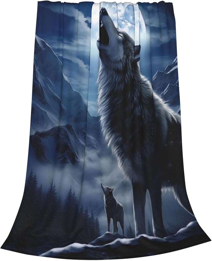 Snowy Mountain Wolf Blanket Gifts Moonlit Night Wolves Flannel Throw Blankets for Home Decor Couch Bed Sofa Soft Fuzzy Lightweight for All Season 50x40 Inches