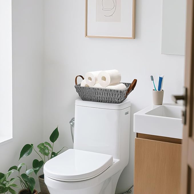 Paper Rope Woven Toilet Paper Basket, Small Wicker Storage Baskets for Organizing with Handles, Bedroom Decor Baskets Toilet Tank Shelf Storage Bins (Set of 2, Grey)