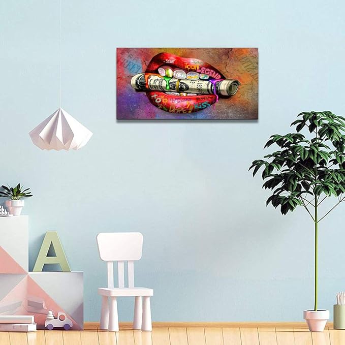 Sexy Red Lips and Dollar Colorful Graffiti Wall Art Office Home Artwork Wall Decor Inspirational Graffiti Street Wall Art Money Sexy Lips Art Print Wall Pictures Framed Ready to Hang-32 Wx16 H